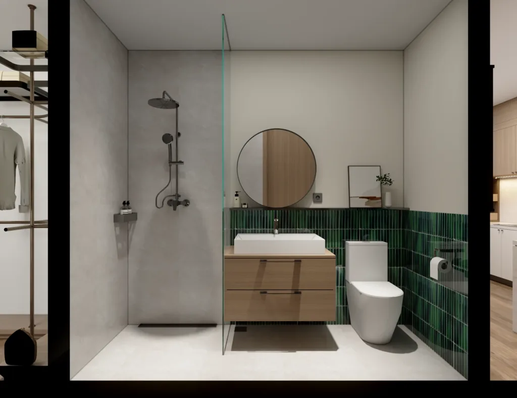 YX Apartment — Bathroom with green tile accent